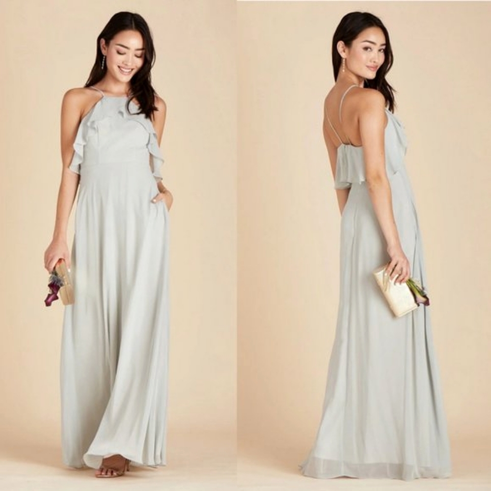 Birdy Grey Ruffle Bodice Halter Neck Maxi Dress Sleeveless in Dove Grey